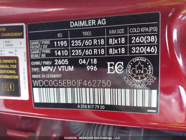 WDC0G5EB0JF462750 Mercedes-Benz m274