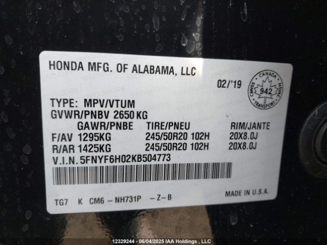 5FNYF6H02KB504773 Honda Pilot Elite