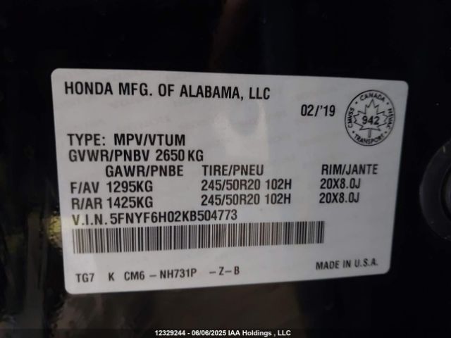 5FNYF6H02KB504773 Honda Pilot Elite