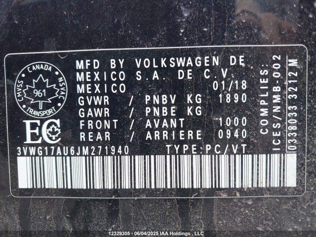 3VWG17AU6JM271940 Volkswagen GOLF S/SE