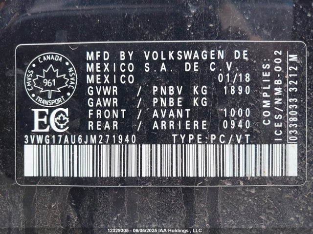 3VWG17AU6JM271940 Volkswagen GOLF S/SE
