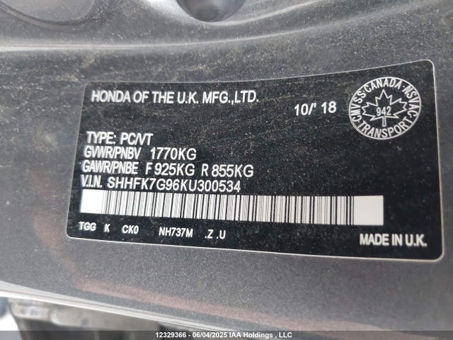 SHHFK7G96KU300534 Honda Civic