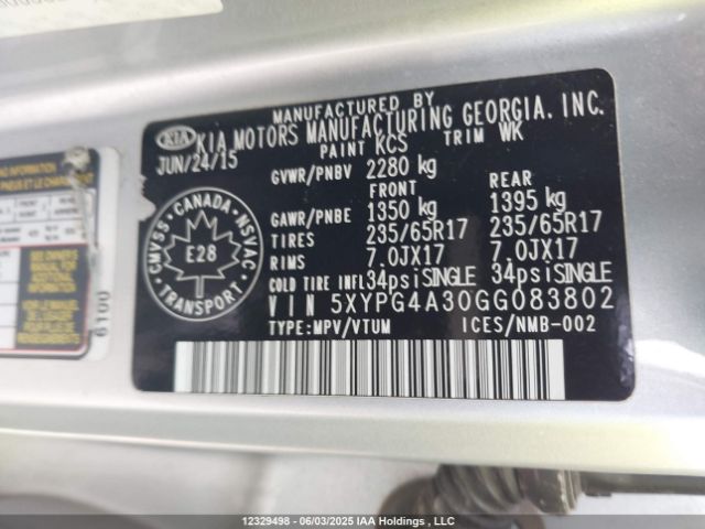 5XYPG4A30GG083802 KIA Sorento 2.4l Lx