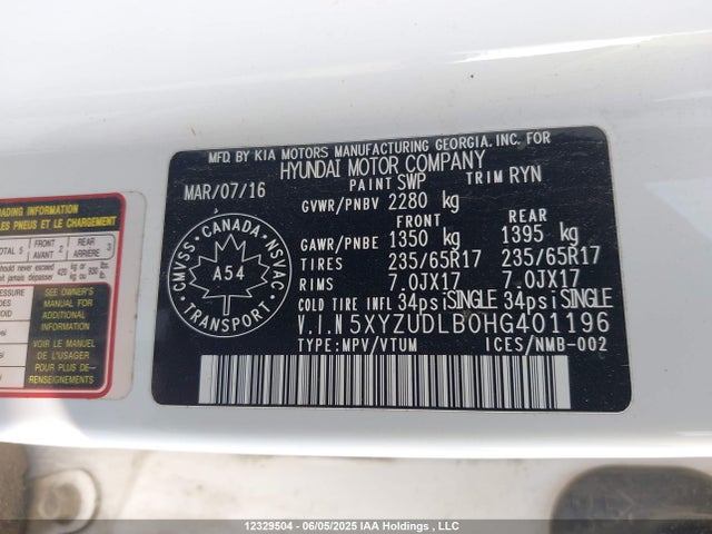5XYZUDLB0HG401196 Hyundai gdi theta ii