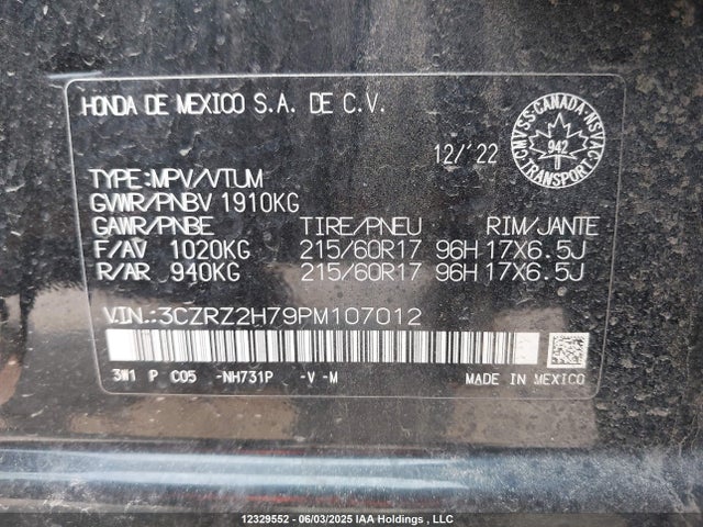 3CZRZ2H79PM107012 Honda Hr-v Ex-l Navi