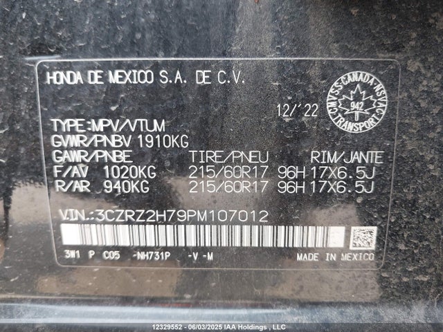 3CZRZ2H79PM107012 Honda Hr-v Ex-l Navi