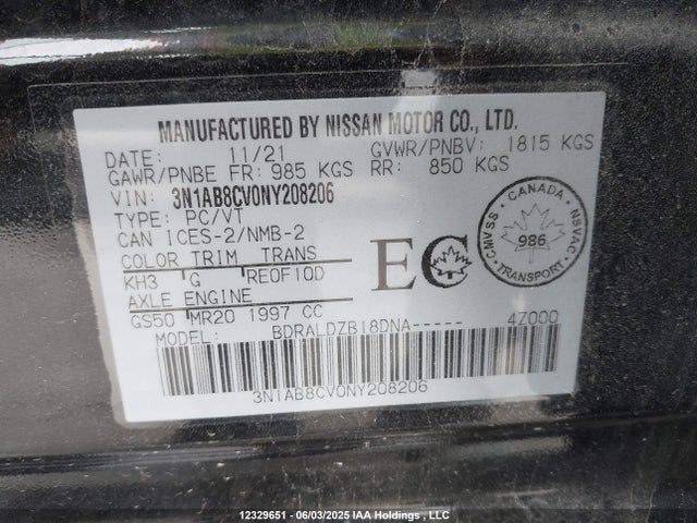 3N1AB8CV0NY208206 Nissan Sentra