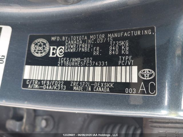2T1BURHE5FC374331 Toyota Corolla S