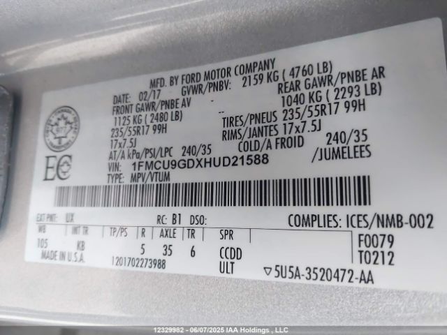 1FMCU9GDXHUD21588 Ford gtdi sigma w/premium fuel