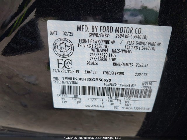 1FMUK8KH3SGB56620 Ford tivct