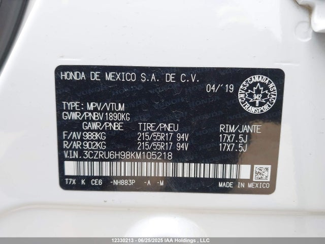 3CZRU6H98KM105218 Honda r18z9