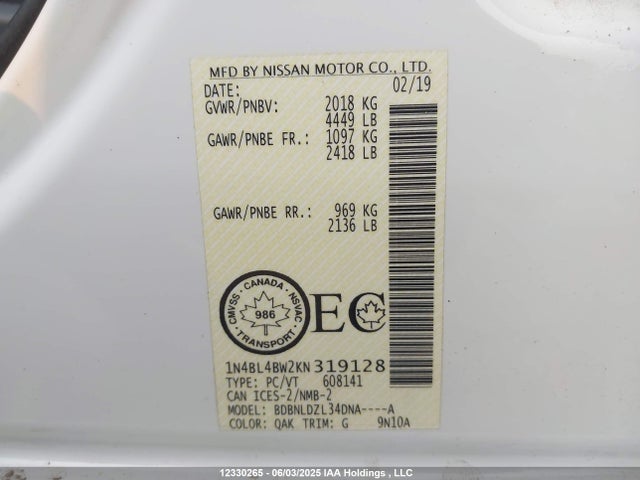 Nissan 2019 2019 1N4BL4BW2KN319128 Image 9