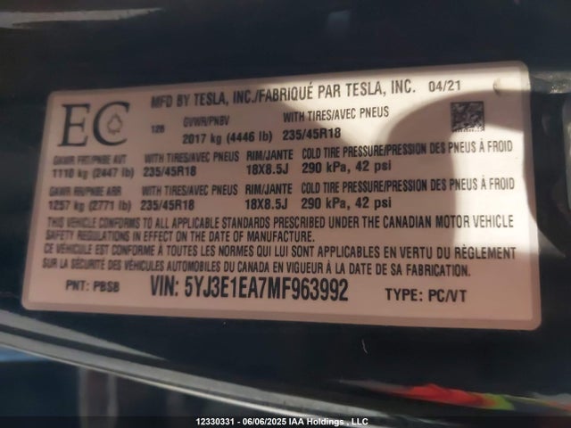 5YJ3E1EA7MF963992 Tesla Model 3 Standard Range/standard Range Plus