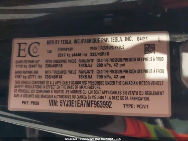 5YJ3E1EA7MF963992 Tesla Model 3 Standard Range/standard Range Plus