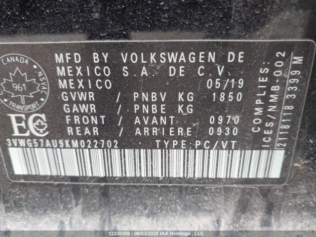 3VWG57AU9KM022702 Volkswagen Golf
