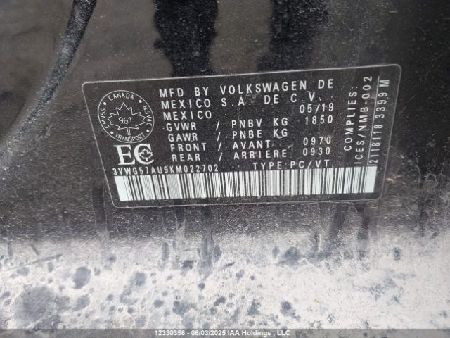 3VWG57AU9KM022702 Volkswagen Golf