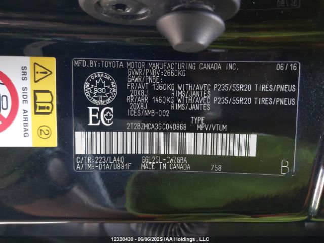 2T2BZMCA3GC040868 Lexus RX