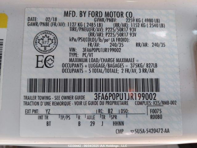 3FA6P0PU1JR199002 Ford 2.0l 4v atk hev
