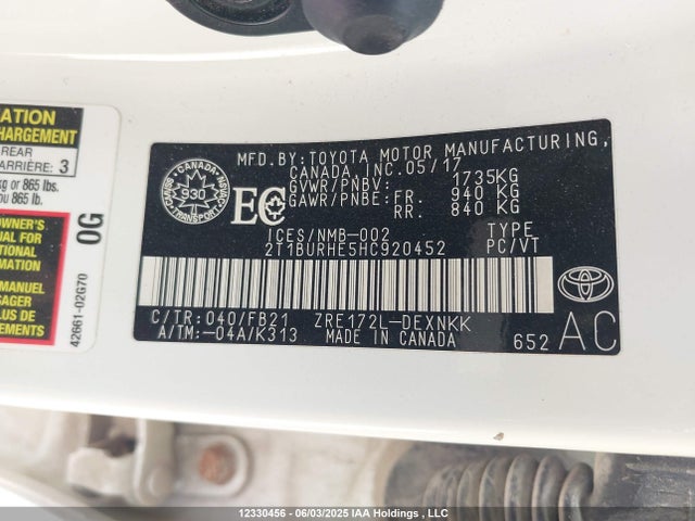 2T1BURHE5HC920452 Toyota 2zr-fe