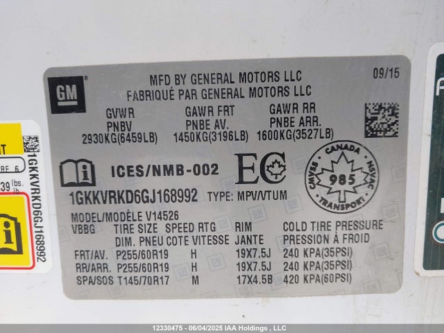 1GKKVRKD6GJ168992 GMC llt - sidi, alum, 60 degrees