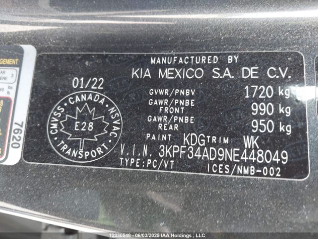 3KPF34AD9NE448049 KIA Forte Ex/ex Premium/ex+/gt-line