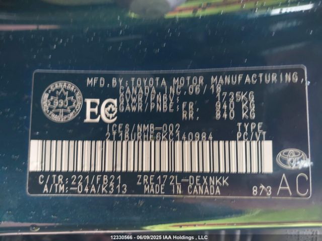 2T1BURHE6KC140984 Toyota 2zr-fe