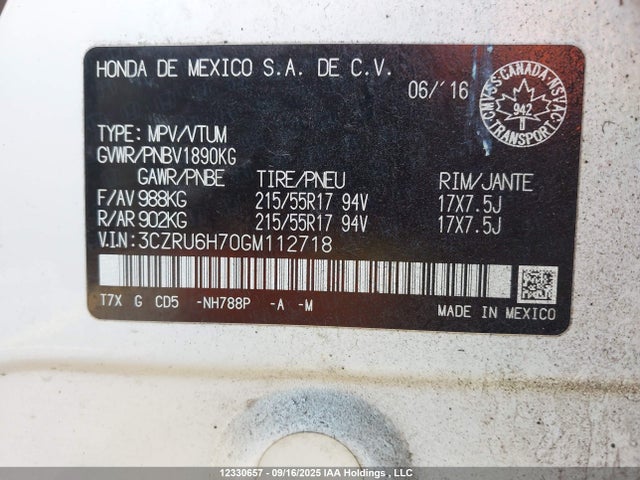 3CZRU6H70GM112718 Honda r18z9