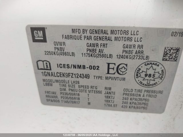 1GNALCEK9FZ124349 Chevrolet lea - flex fuel (gas/alc), aluminum, ho,