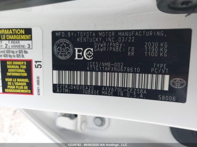 4T1G11AKXNU678610 Toyota a25a-fks