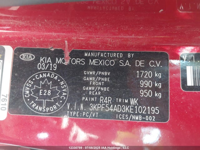 3KPF54AD3KE102195 KIA mpi nu