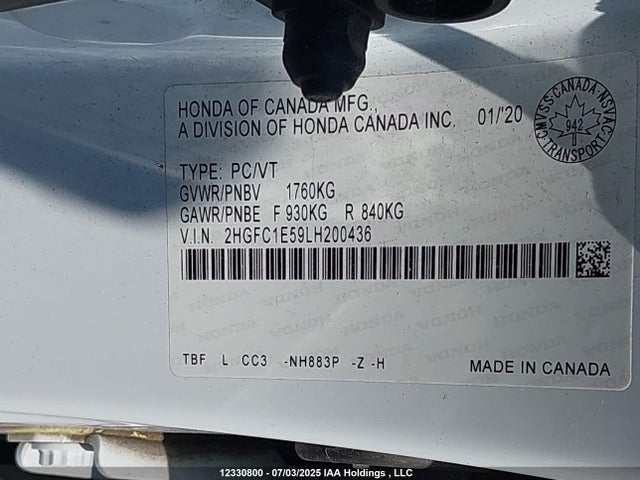 Honda l15b7 2020 2HGFC1E59LH200436 Image 9