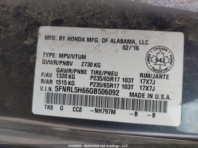 5FNRL5H66GB506092 Honda j35z8
