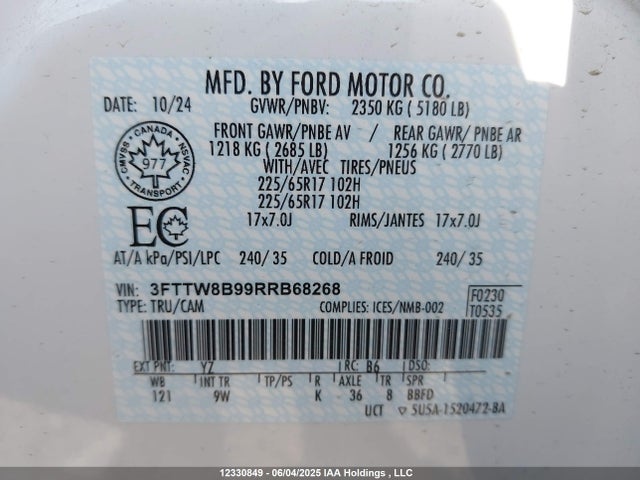 2024 Ford Maverick Xl მანქანა იყიდება აუქციონზე, vin: 3FTTW8B99RRB68268, აუქციონის ნომერი: 12330849