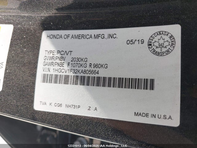 1HGCV1F32KA805664 Honda l15be