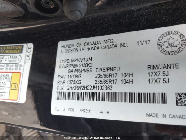 2HKRW2H22JH102363 Honda CR-V LX