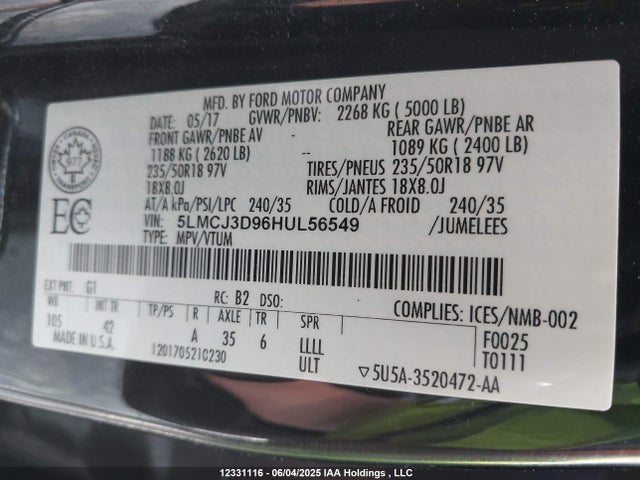 Lincoln 2.0l ecoboost 2017 5LMCJ3D96HUL56549 Image 9
