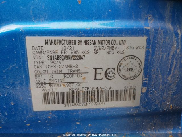 3N1AB8CV9NY222847 Nissan SENTRA SV