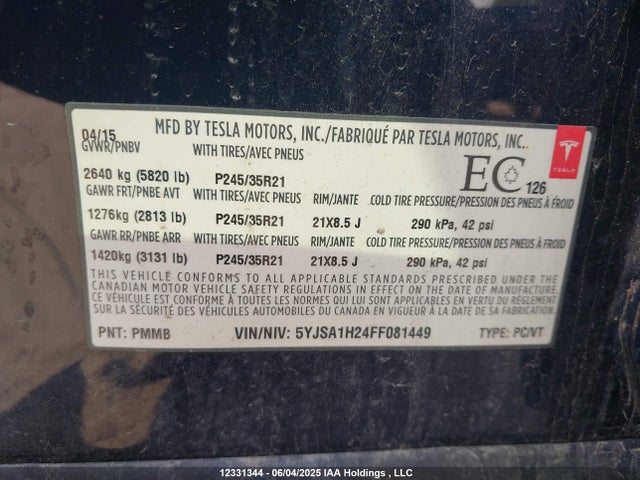 5YJSA1H24FF081449 Tesla 3 phase a/c induction (dual motor)