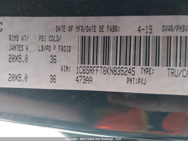 1C6SRFFT6KN835245 Dodge 2019