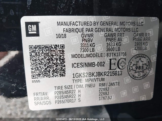 1GKS2BKJ8KR215813 GMC l86 - spark ignited direct injection, variable valve timing, afm, e85max, alum