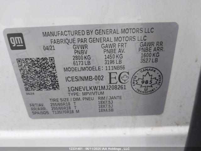 1GNEVLKW1MJ208261 Chevrolet lfy