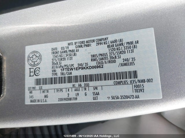 Ford 2.7l-4v 2019 1FTEW1EP9KKD06962 Image 9