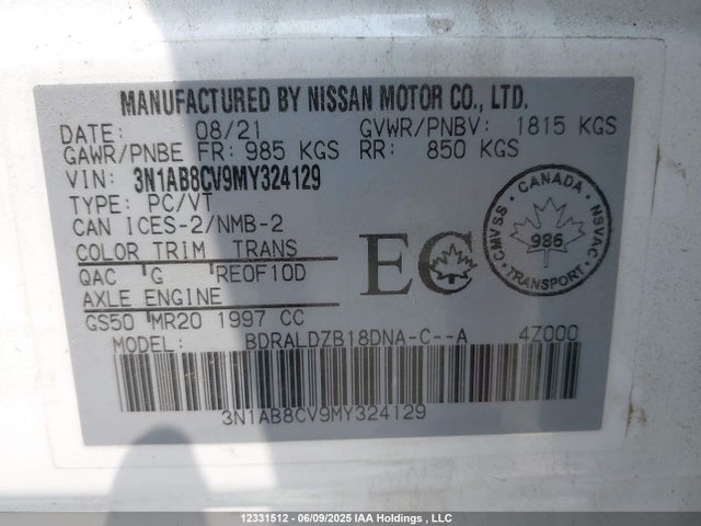 3N1AB8CV9MY324129 Nissan 2021