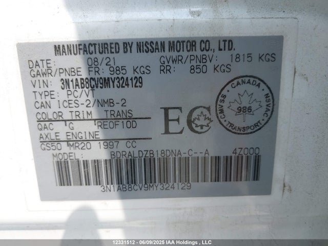 3N1AB8CV9MY324129 Nissan 2021