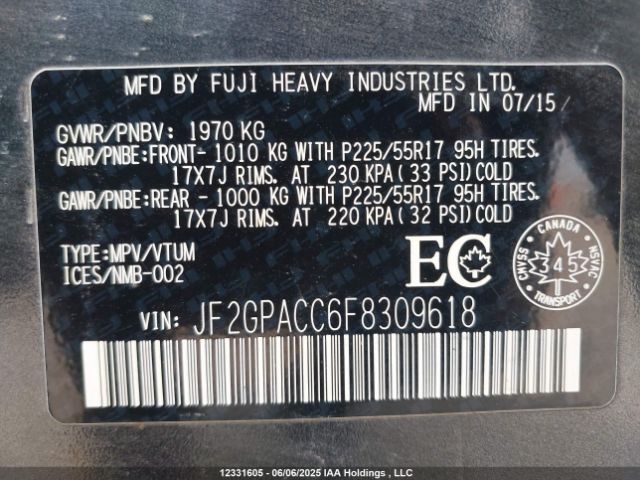 JF2GPACC6F8309618 Subaru 2.0l naturally aapirated