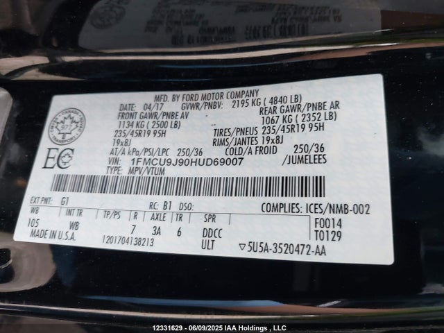 Ford 2017 2017 1FMCU9J90HUD69007 Image 9