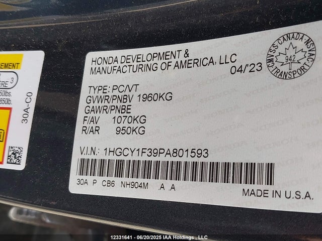 1HGCY1F39PA801593 Honda l15be