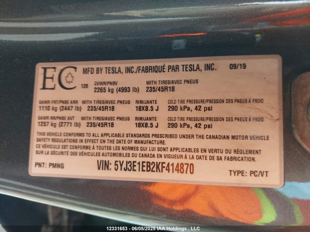5YJ3E1EB2KF414870 Tesla MODEL 3