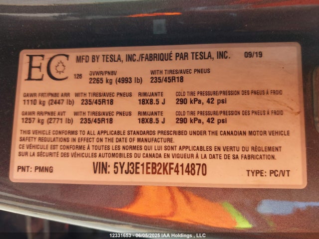 5YJ3E1EB2KF414870 Tesla MODEL 3