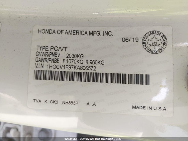 Honda l15be 2019 1HGCV1F97KA806572 Image 9